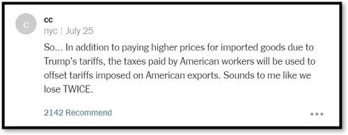 “所以说……除了要因为特朗普的关税政策为进口商品花更多的钱，美国人交的税还要用来抵消美国出口商品的关税。我怎么觉得我们好像亏了两回呢。”