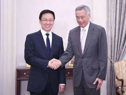 2018年9月21日，韩正会见新加坡总理李显龙。（新华社）