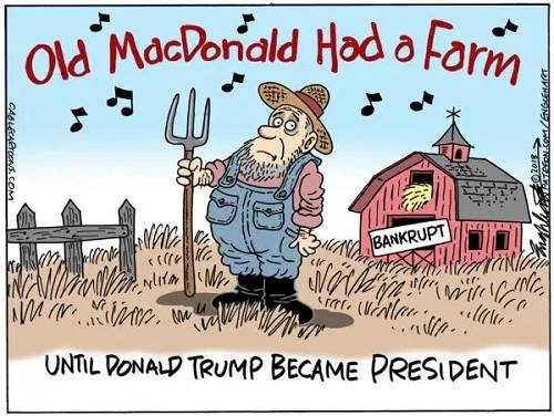 【老麦克唐纳破产了】一首脍炙人口的美国儿歌这样唱道：“老麦克唐纳有个农场……”然而，特朗普上台之后情况就变了，老麦克唐纳破产了。（美国报刊漫画家协会网站）