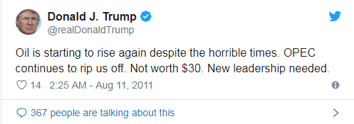 2011年至2013年间，欧佩克是特朗普的沃土。他在Twitter上发表了50多次有关该卡特尔组织的言论，并分别在Twitter上发帖批评沙特阿拉伯。但2013年9月之后，他基本上没提到石油输出国组织（OPEC），2014年只在twitter上两次提到该组织。