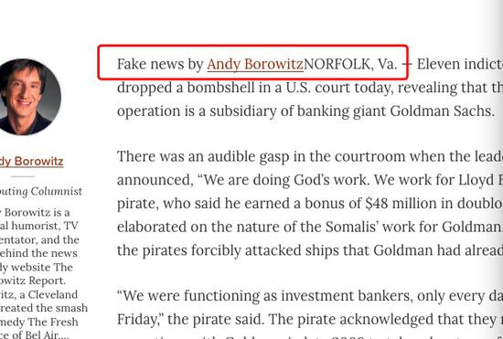 “The Borowitz Reports”上的该篇文章在电头部分标注着“Fake News”（假新闻）